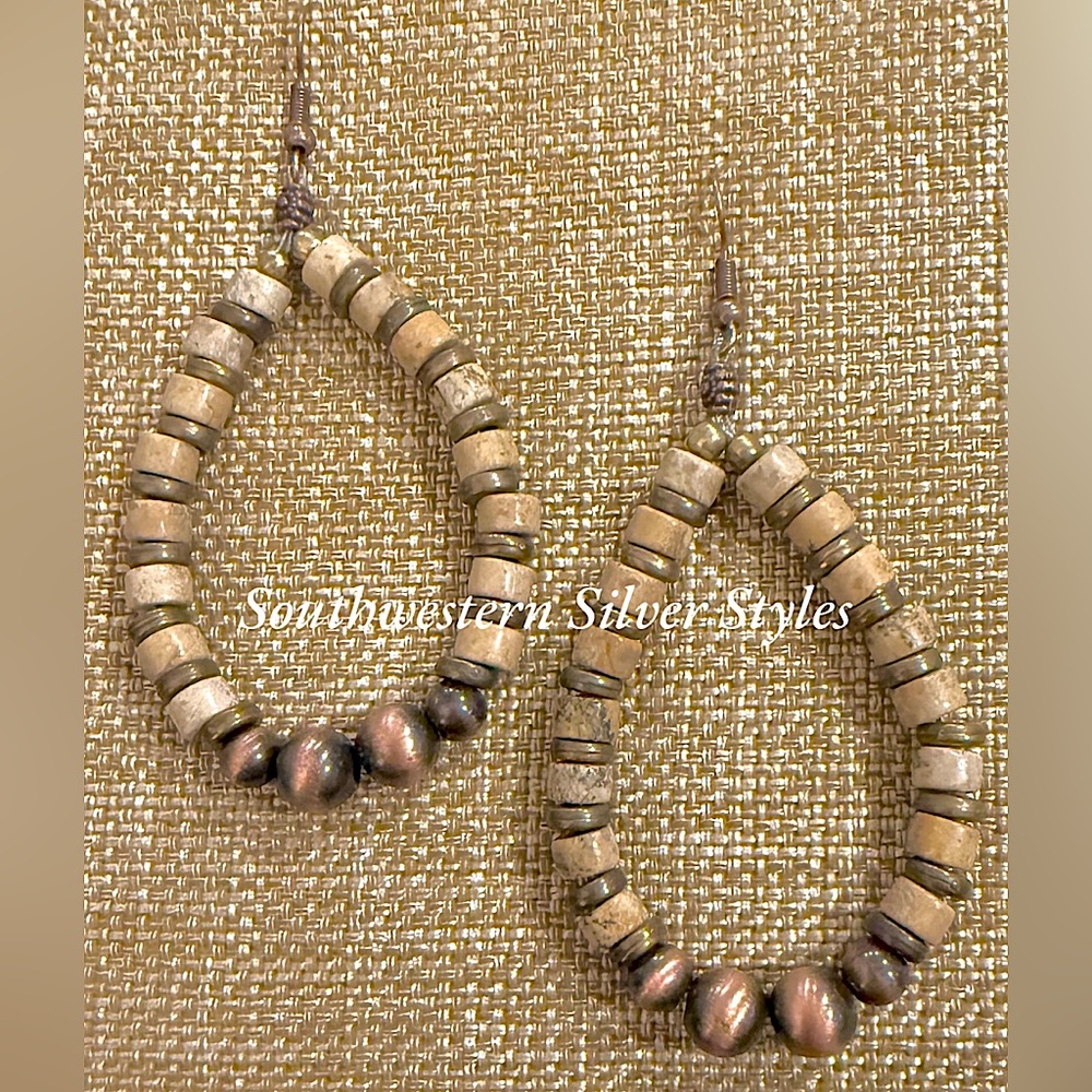 NEW Southwestern Navajo Style Pearl Red Copper Picture Jasper Turquoise Earrings